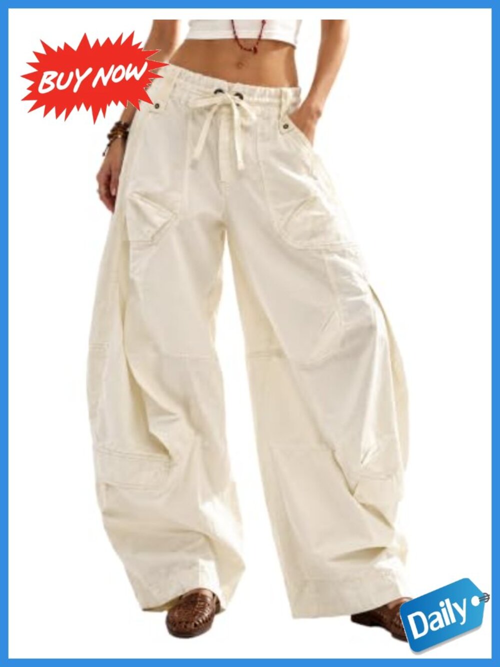 Baggy Barrel Cargo Pants Drawstring Waist Wide Leg Y2K Streetwear